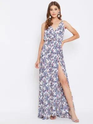 Berrylush Women White Ditsy Floral Printed V-Neck Layered Maxi Dress