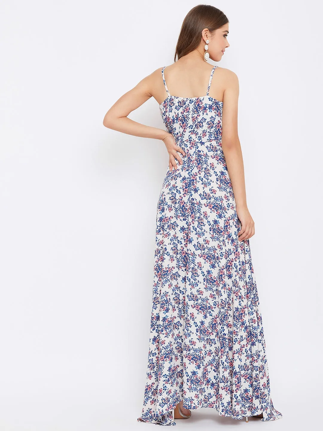 Berrylush Women White Ditsy Floral Printed V-Neck Layered Maxi Dress