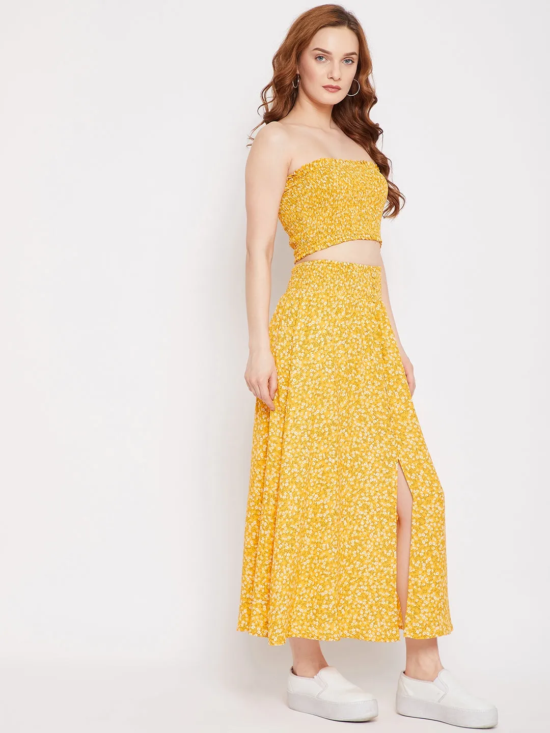 Berrylush Women Yellow Floral Printed Off-Shoulder Neck Shirred Co-Ordinate Maxi Dress