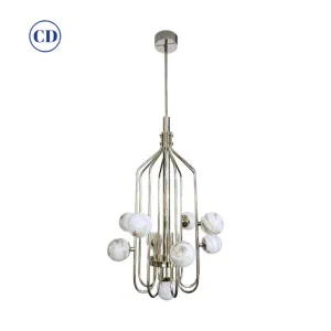 Bespoke Italian Alabaster White Murano Glass Nickel Curved Globe Chandelier