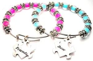 Best Friends Puzzle Piece Gift Set Of Two Glass Beaded 9mm Bracelets in Aqua Blue And Hot Pink