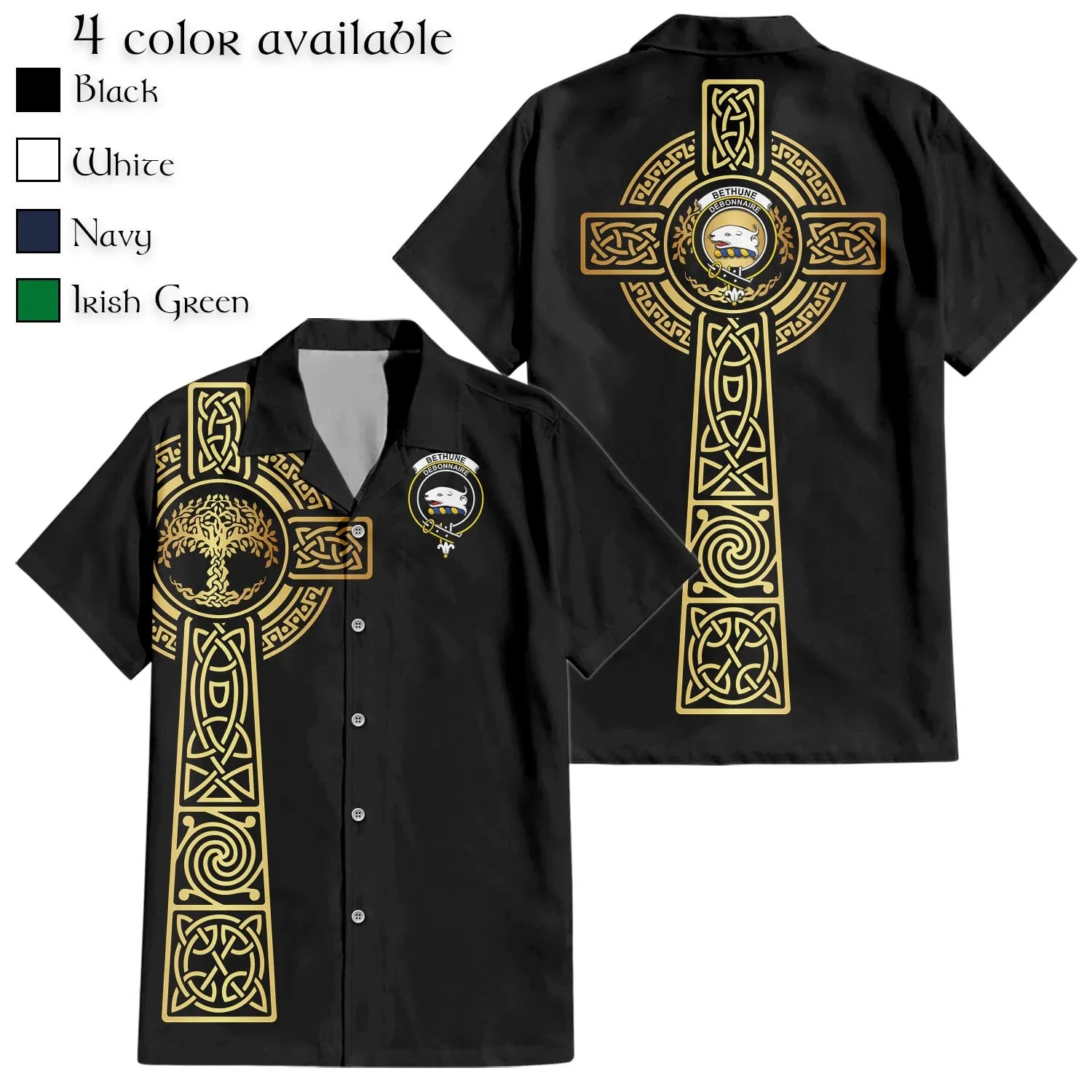 Bethune Clan Mens Short Sleeve Button Up Shirt with Golden Celtic Tree Of Life