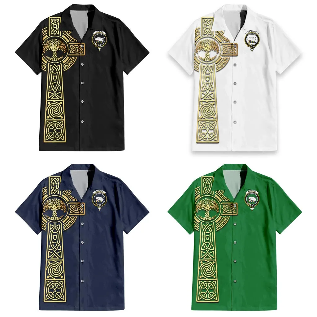 Bethune Clan Mens Short Sleeve Button Up Shirt with Golden Celtic Tree Of Life