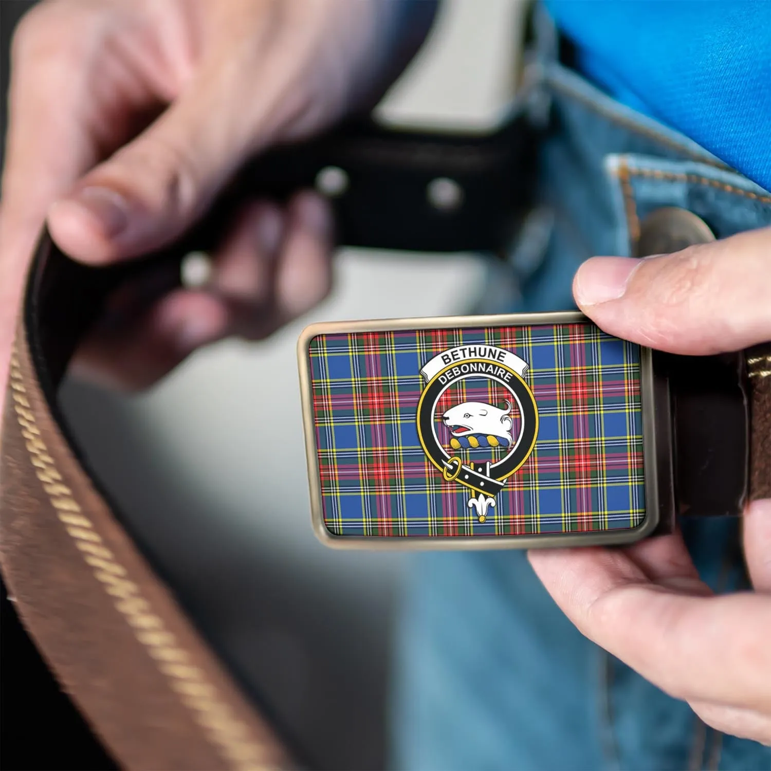 Bethune Tartan Belt Buckles with Family Crest