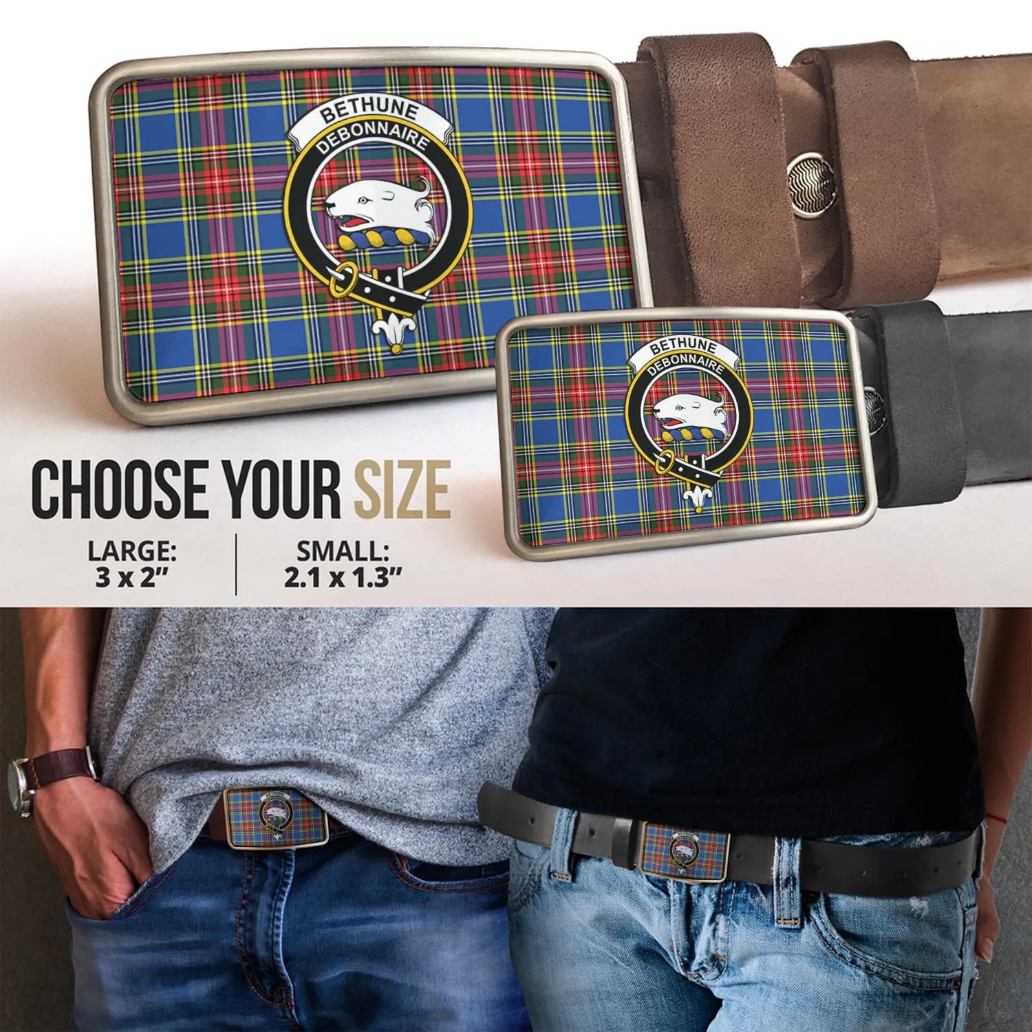 Bethune Tartan Belt Buckles with Family Crest