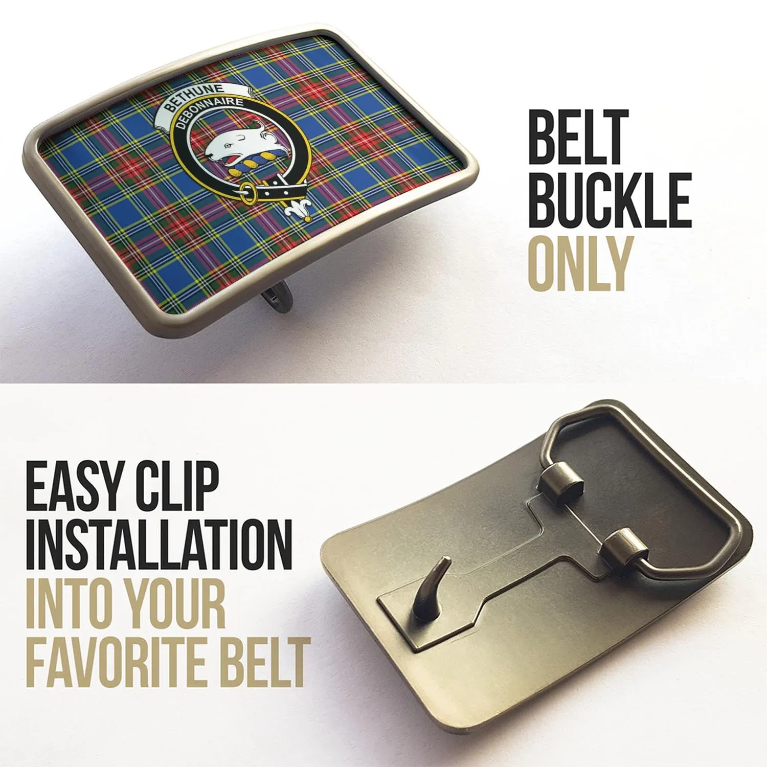 Bethune Tartan Belt Buckles with Family Crest