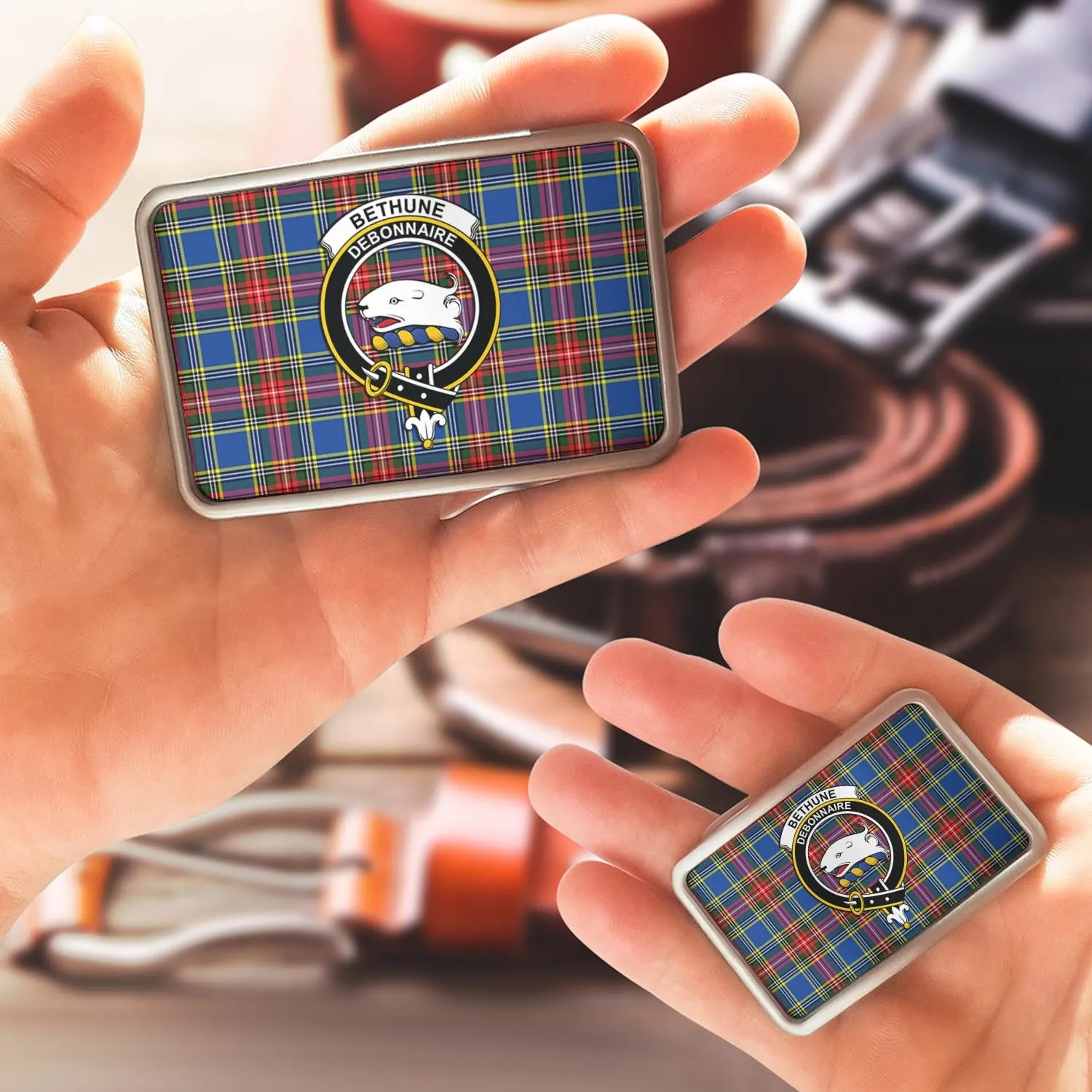 Bethune Tartan Belt Buckles with Family Crest