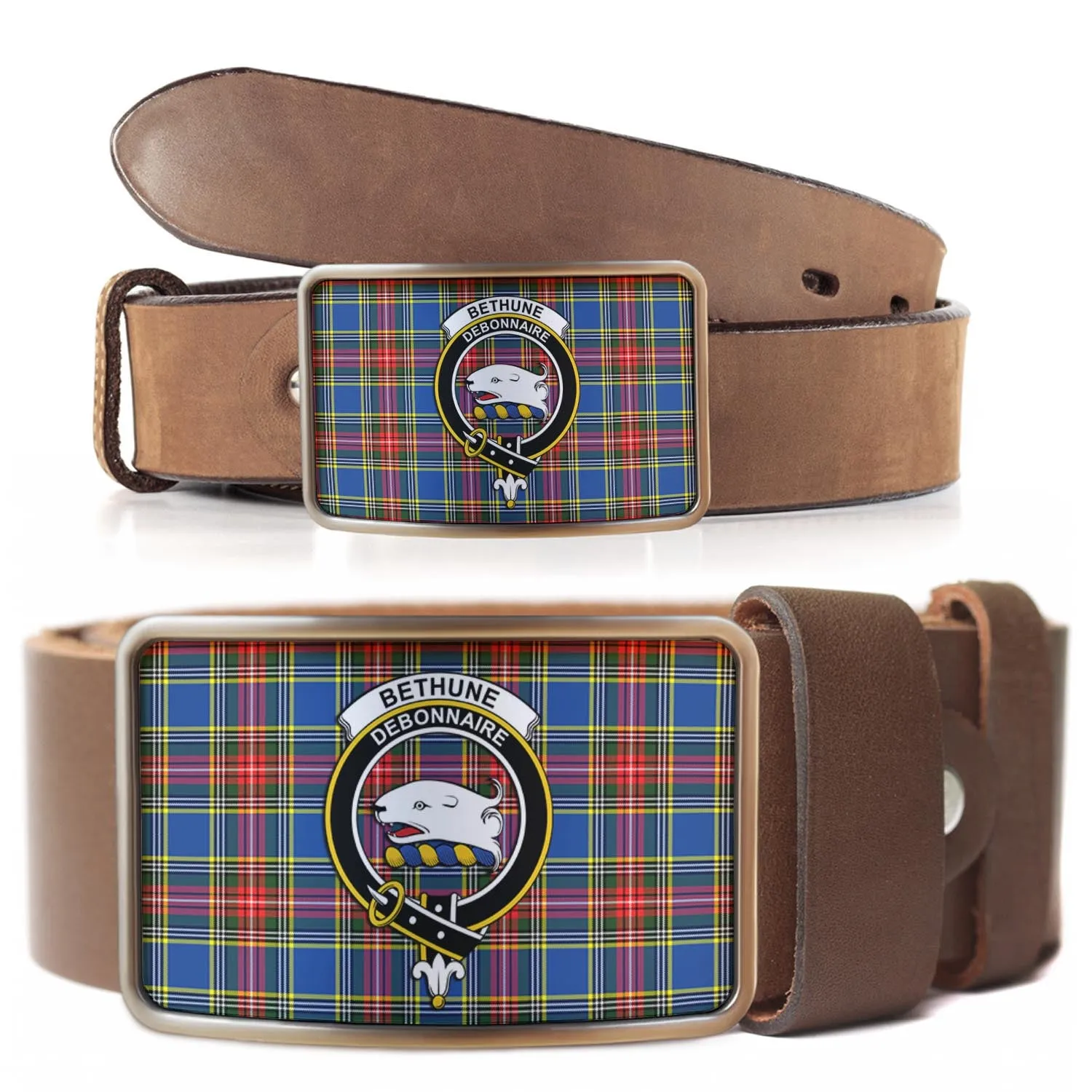 Bethune Tartan Belt Buckles with Family Crest