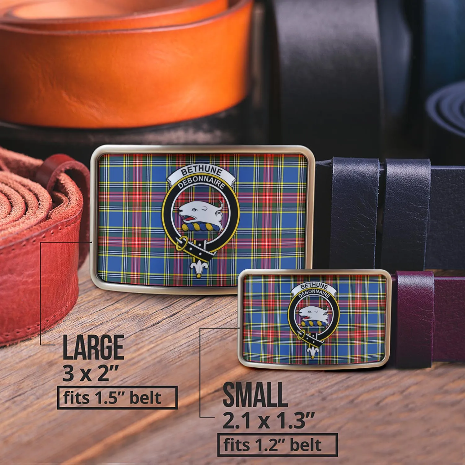 Bethune Tartan Belt Buckles with Family Crest