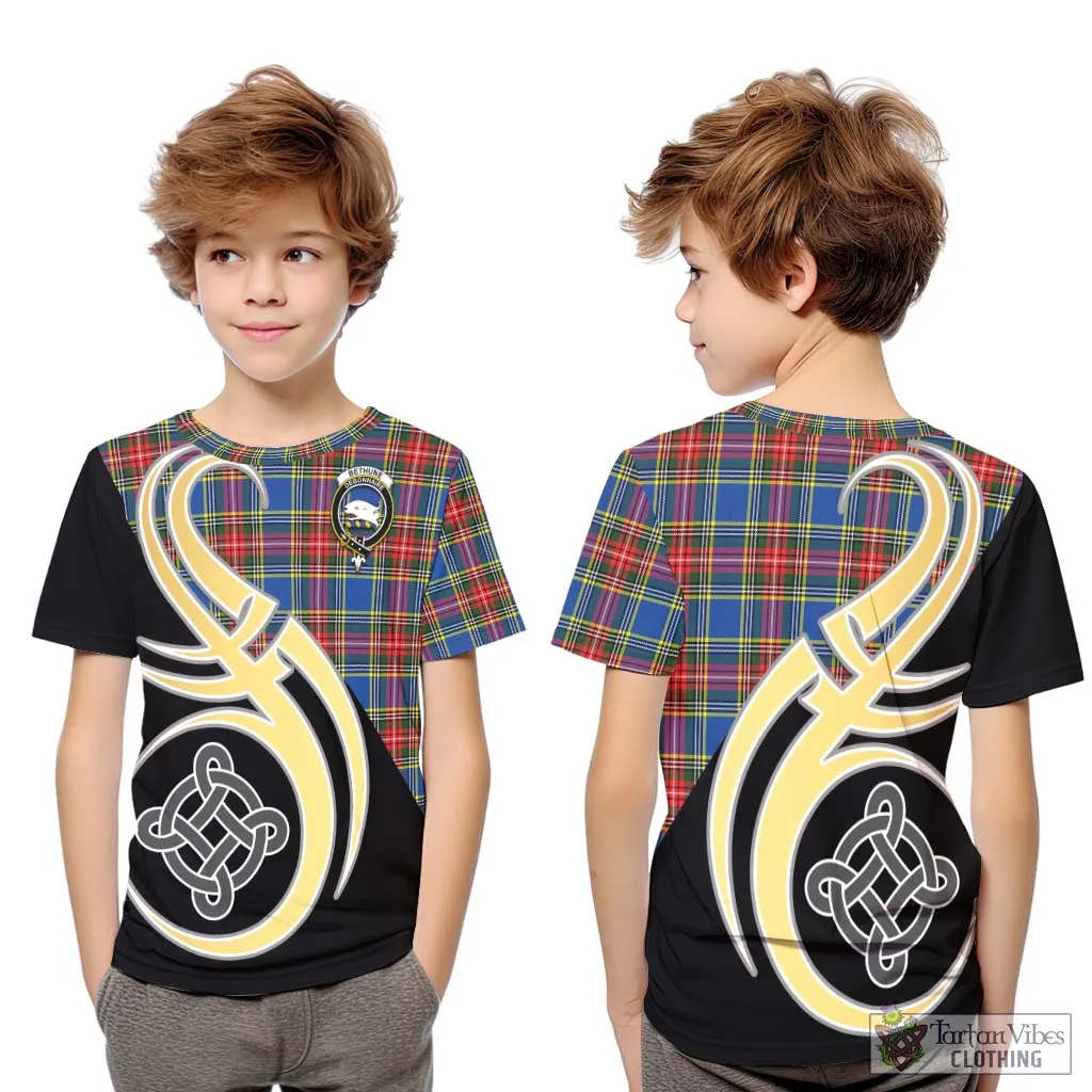 Bethune Tartan Kid T-Shirt with Family Crest and Celtic Symbol Style