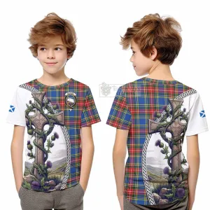 Bethune Tartan Kid T-Shirt with Family Crest and St. Andrew's Cross Accented by Thistle Vines