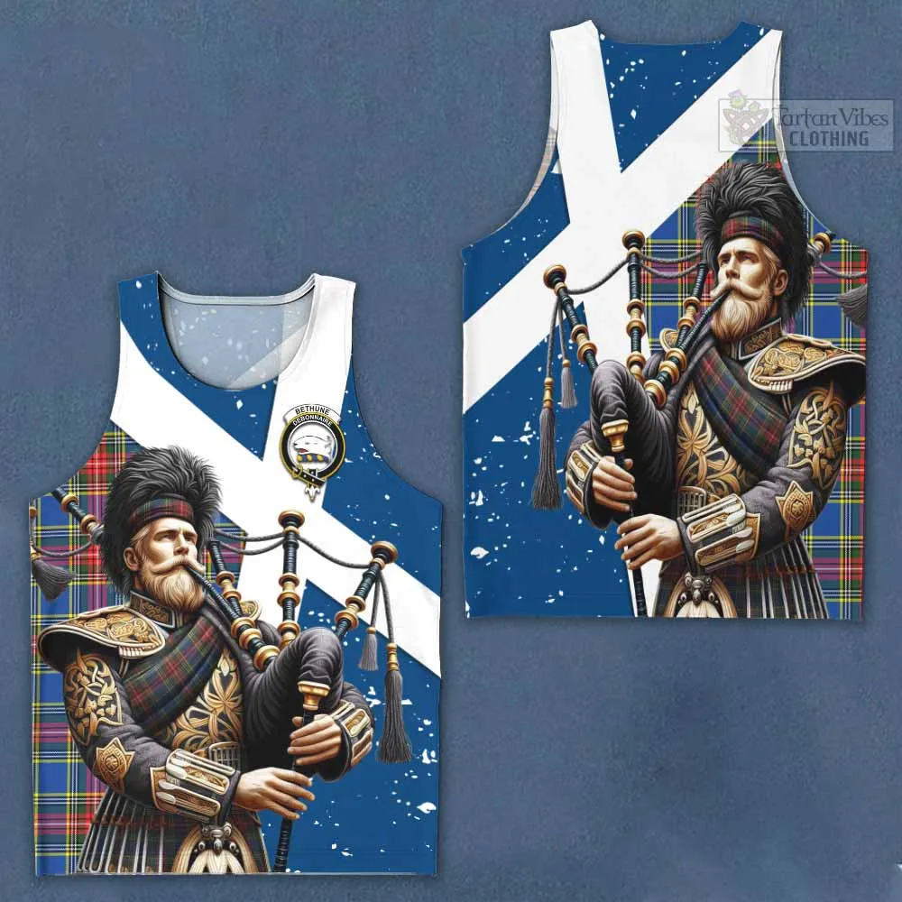 Bethune Tartan Men's Tank Top with Family Crest Scottish Bagpiper Vibes