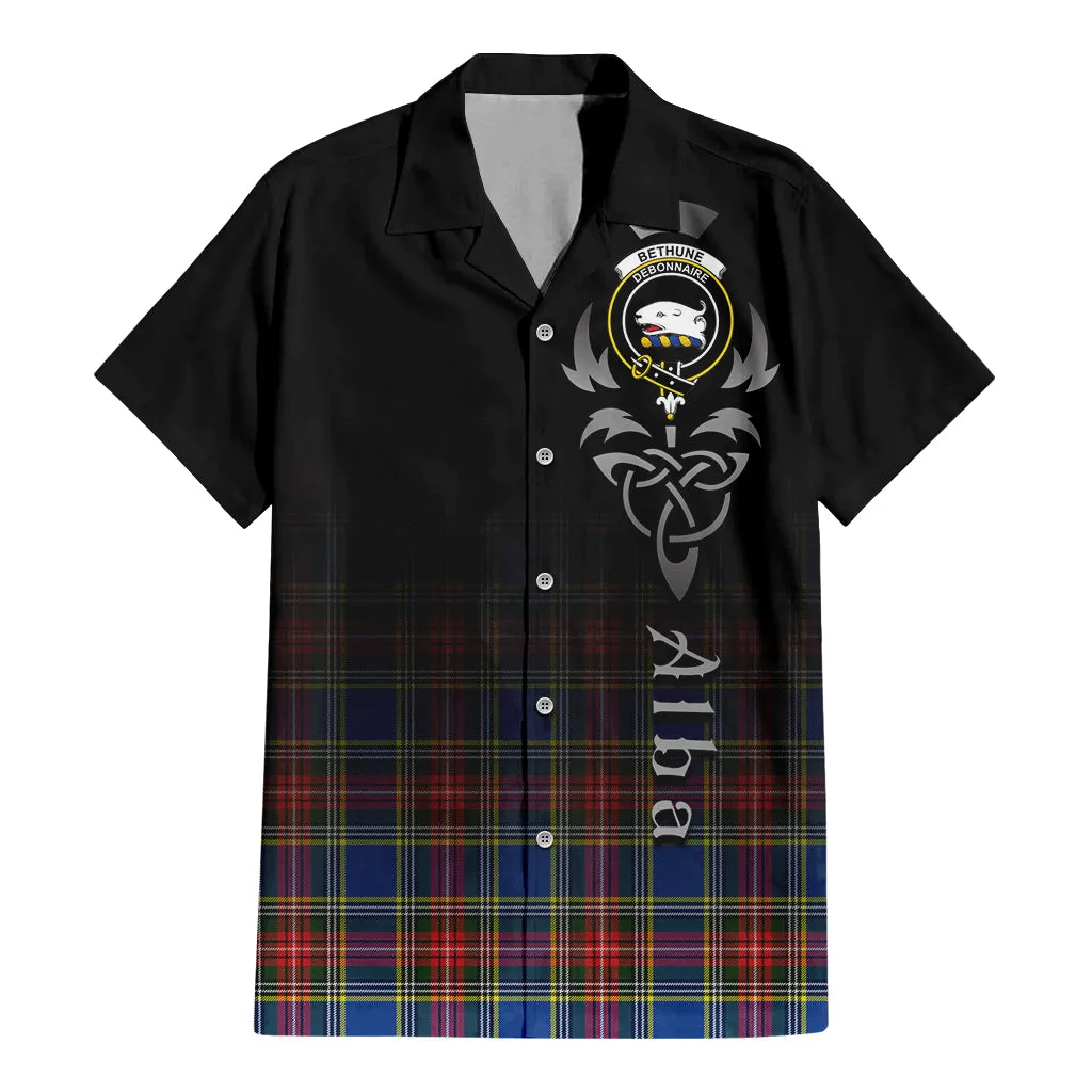 Bethune Tartan Short Sleeve Button Up Shirt Featuring Alba Gu Brath Family Crest Celtic Inspired