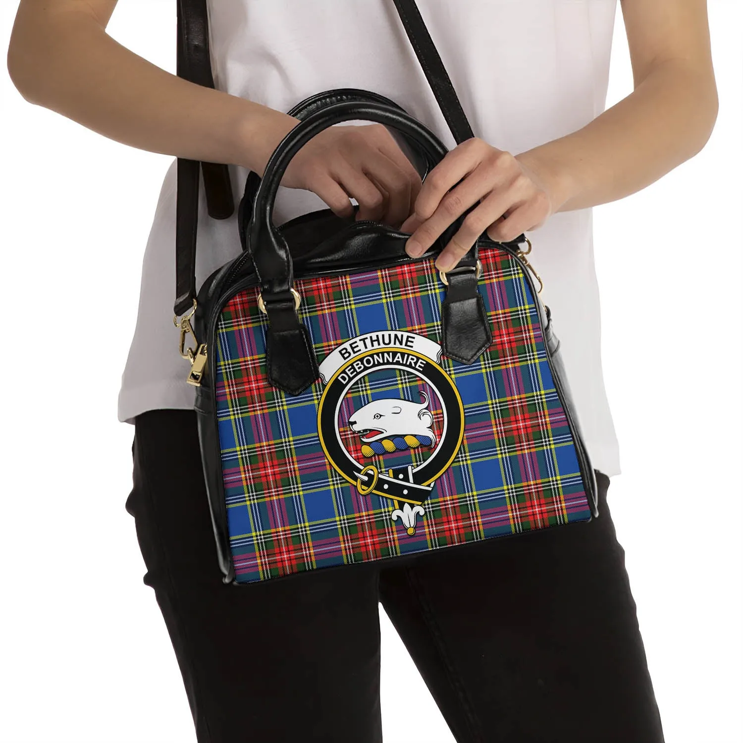 Bethune Tartan Shoulder Handbags with Family Crest