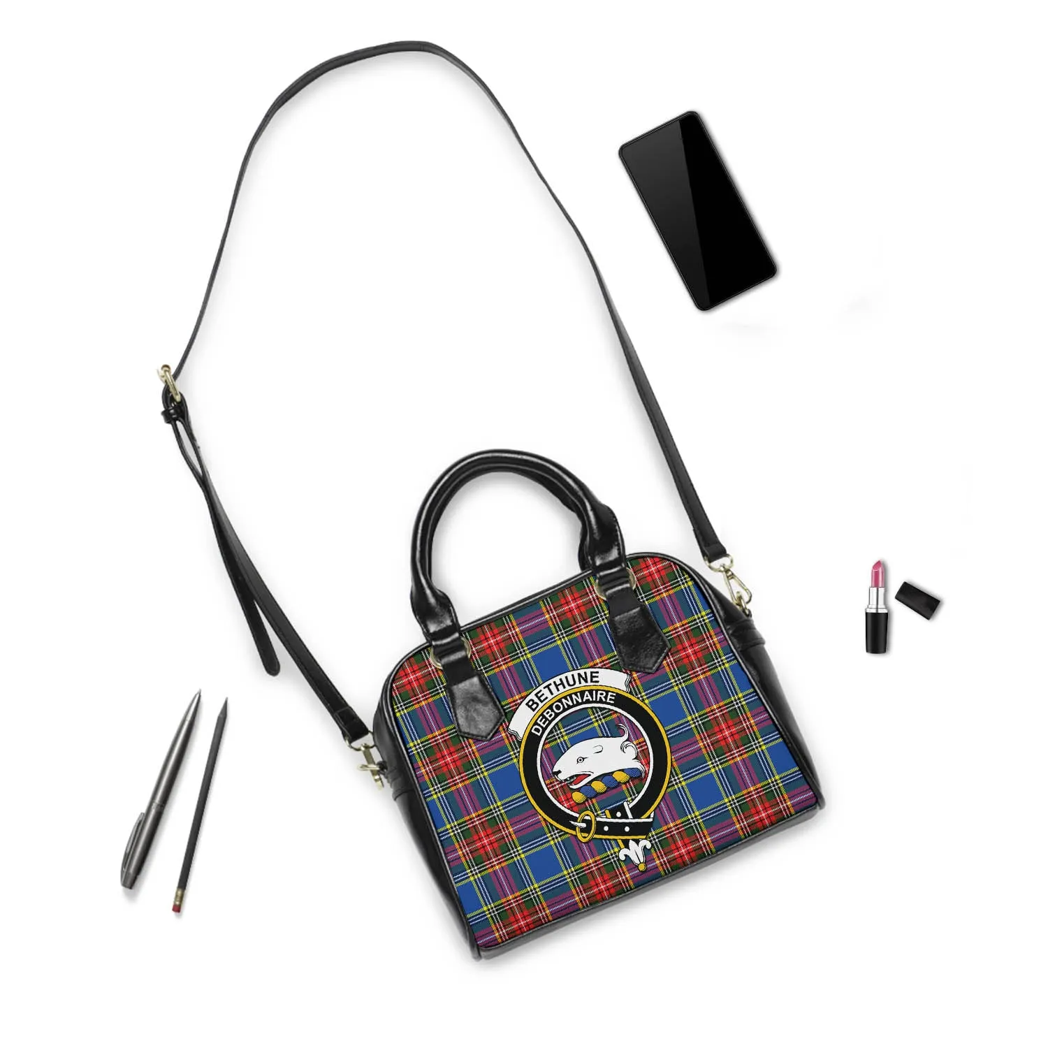 Bethune Tartan Shoulder Handbags with Family Crest