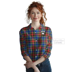 Bethune Tartan Women's Casual Shirt with Family Crest and Bearded Skull Holding Bottles of Whiskey