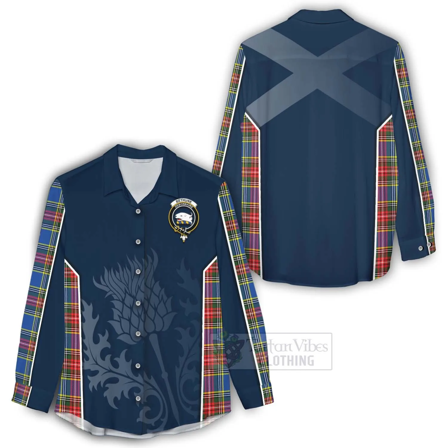 Bethune Tartan Women's Casual Shirt with Family Crest and Scottish Thistle Vibes Sport Style