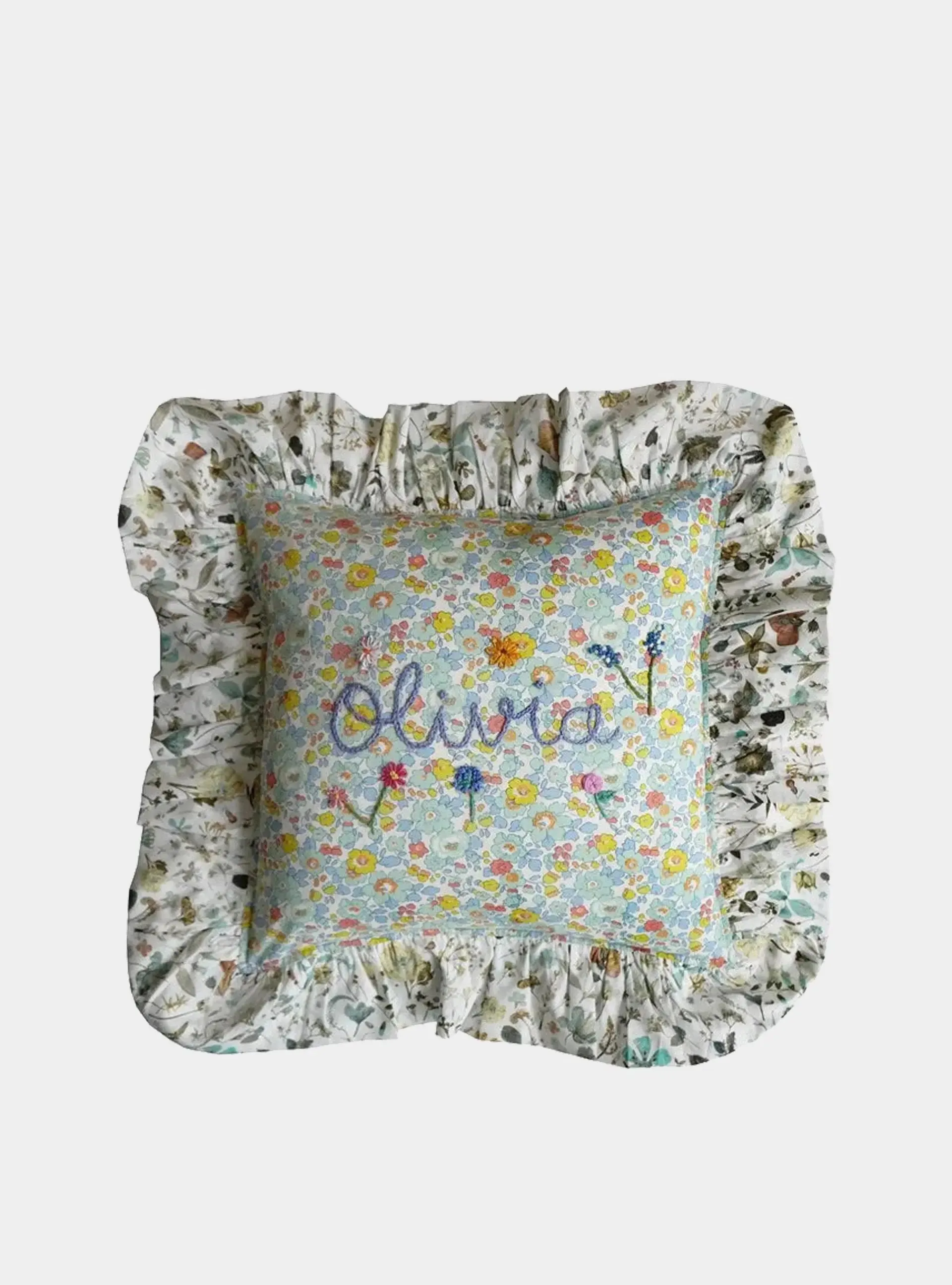 BETSY SAGE & FLORAL EVE Liberty Embroidered Ruffle Cushion