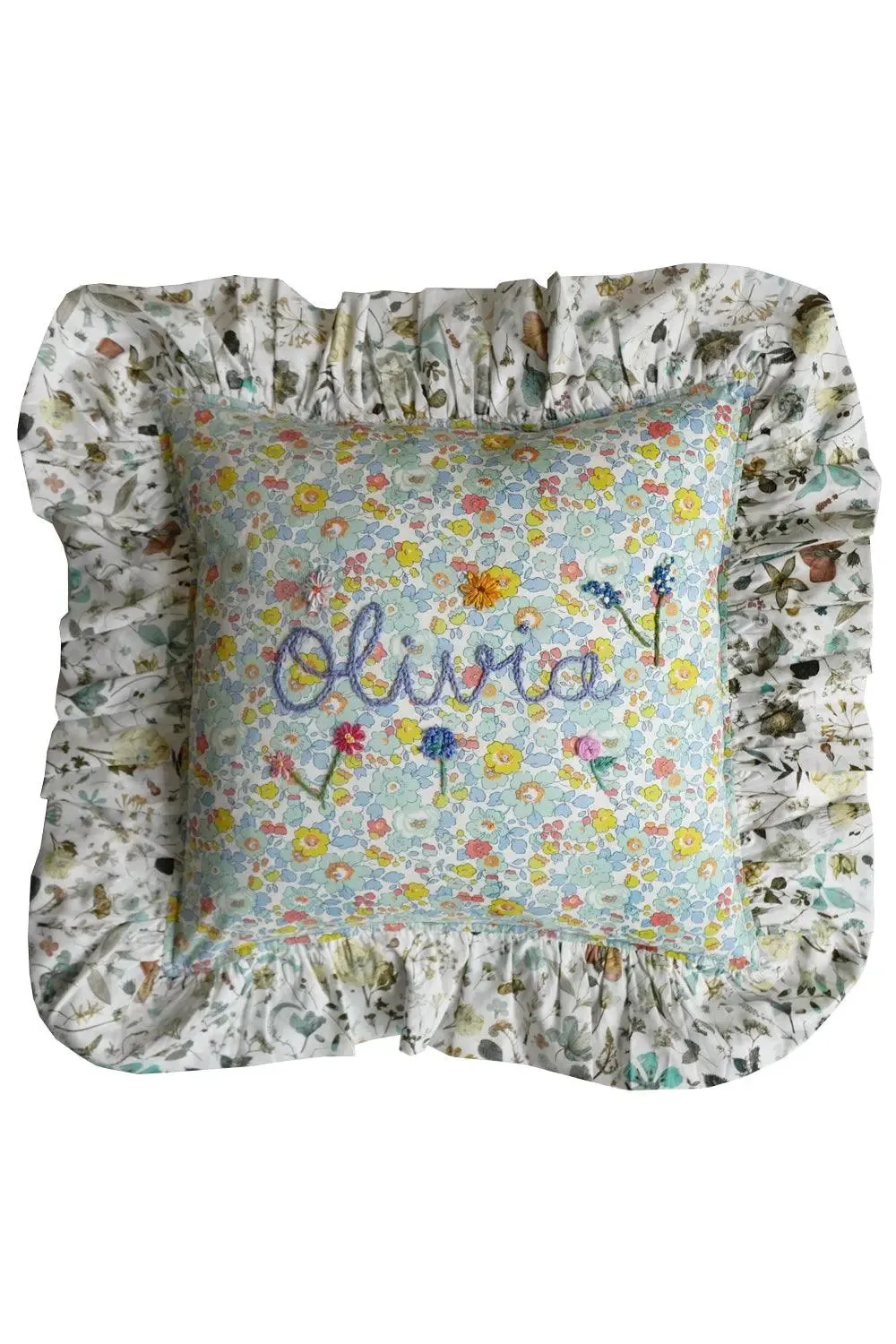 BETSY SAGE & FLORAL EVE Liberty Embroidered Ruffle Cushion