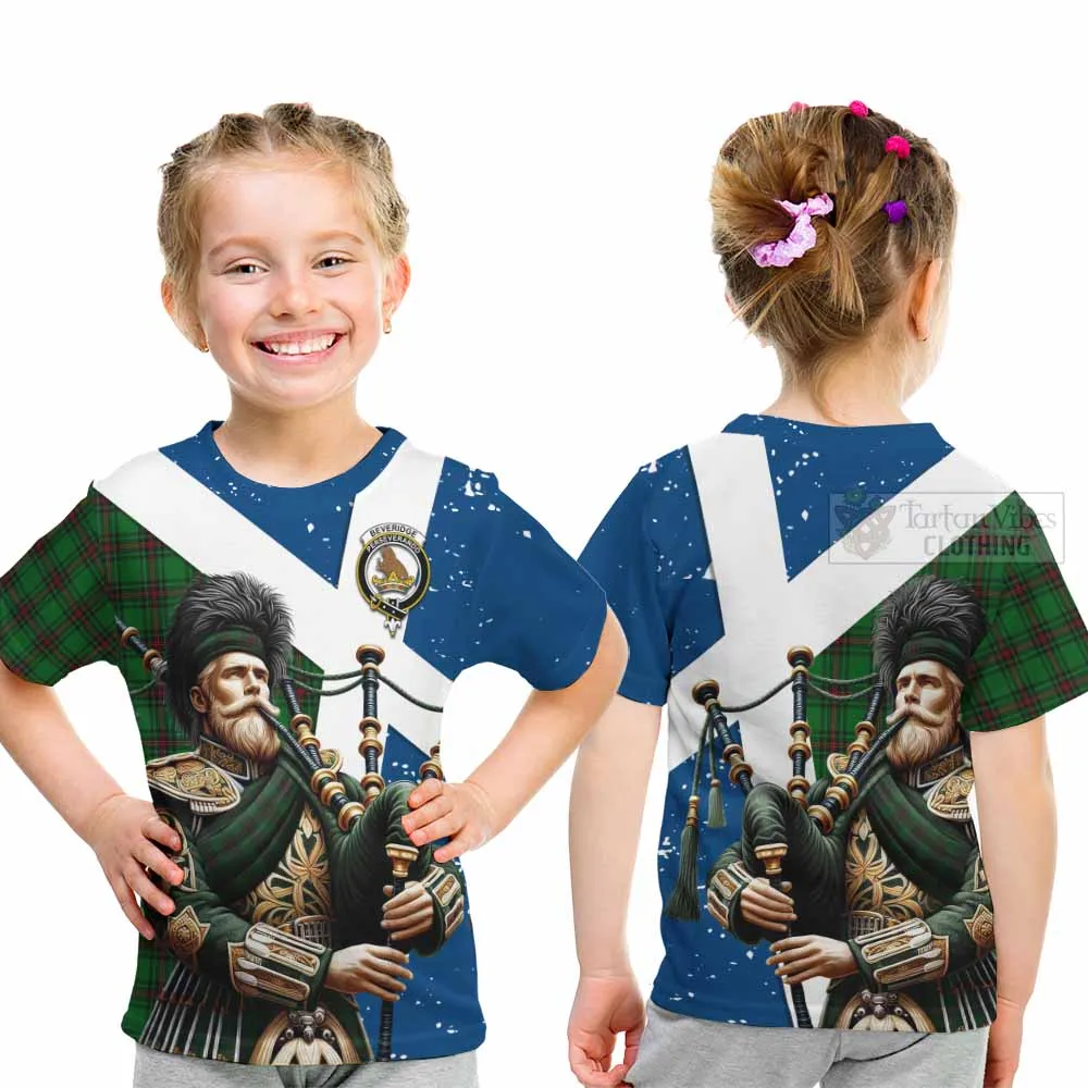 Beveridge Tartan Kid T-Shirt with Family Crest Scottish Bagpiper Vibes