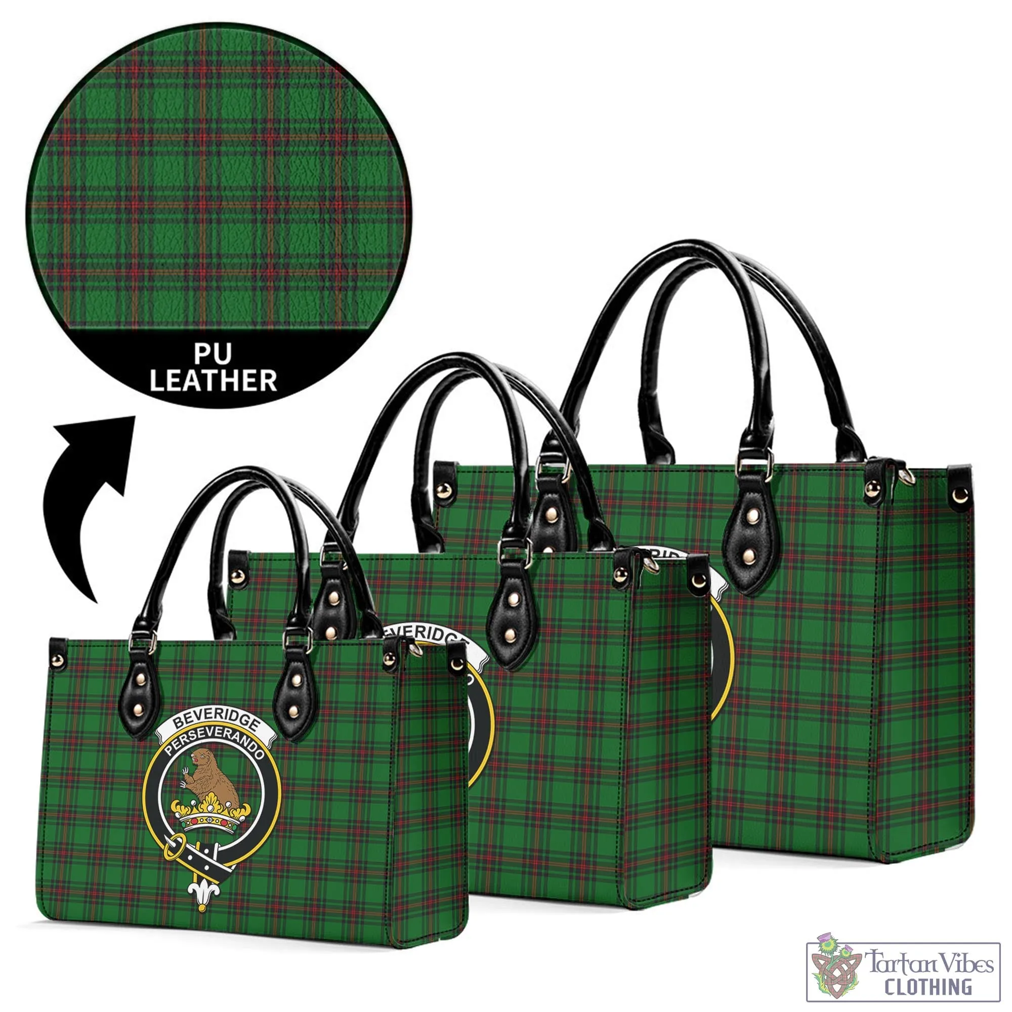 Beveridge Tartan Luxury Leather Handbags with Family Crest