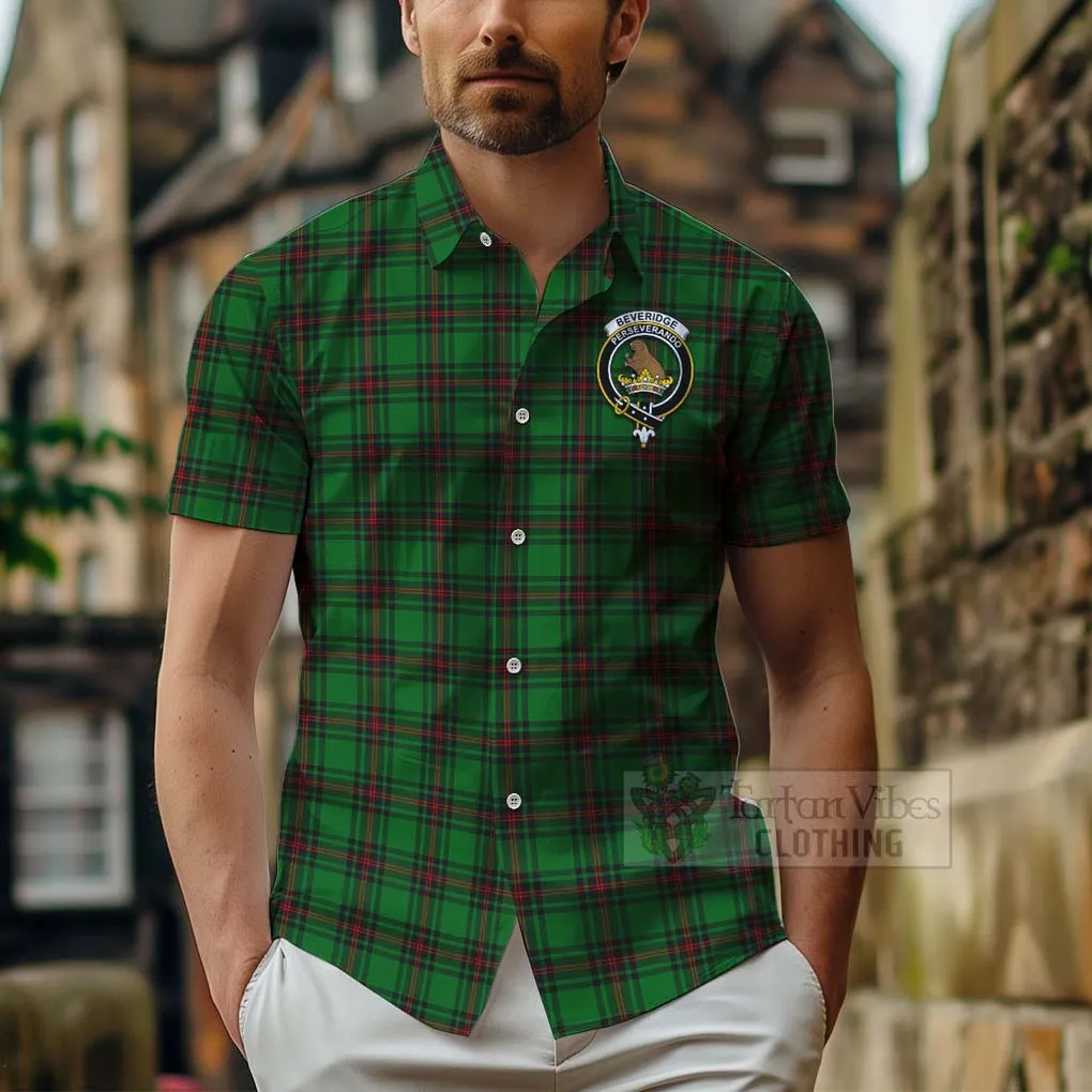 Beveridge Tartan Short Sleeve Button Shirt with Family Crest and Bearded Skull Holding Bottles of Whiskey