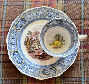 Bi-Color Blue & Purple Transferware Plate & Cup Snack Set  Farm Scene Cows