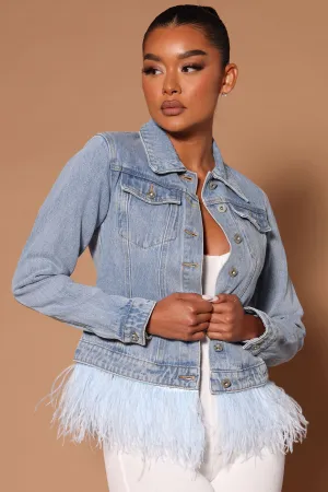 Bianca Feather Trim Denim Jacket - Light Wash