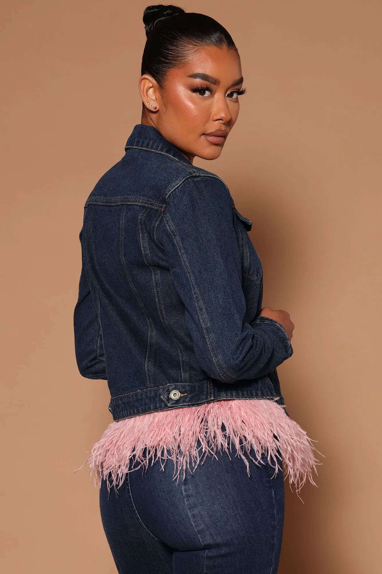 Bianca Feather Trim Denim Jacket - Medium Wash