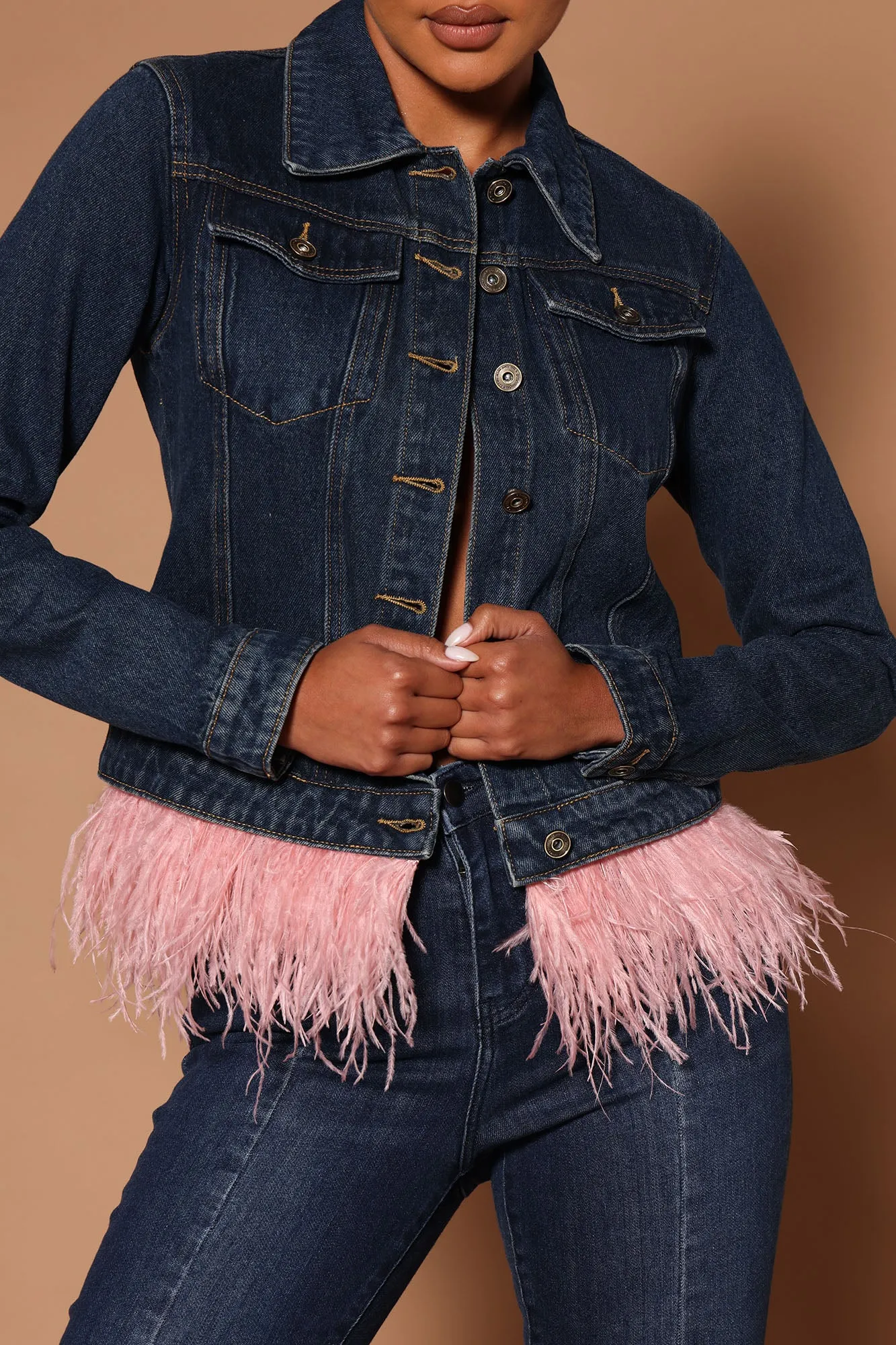 Bianca Feather Trim Denim Jacket - Medium Wash