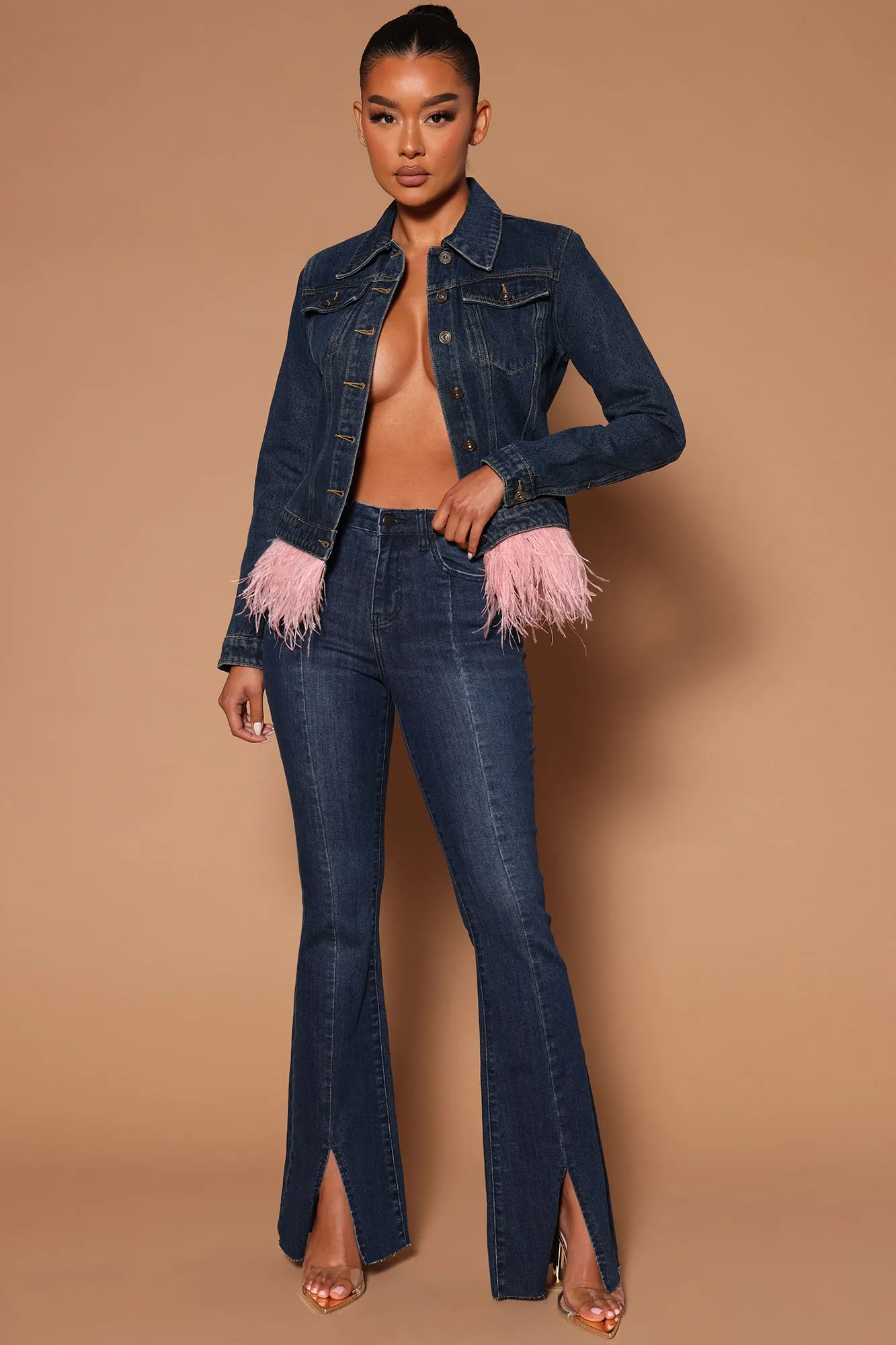 Bianca Feather Trim Denim Jacket - Medium Wash