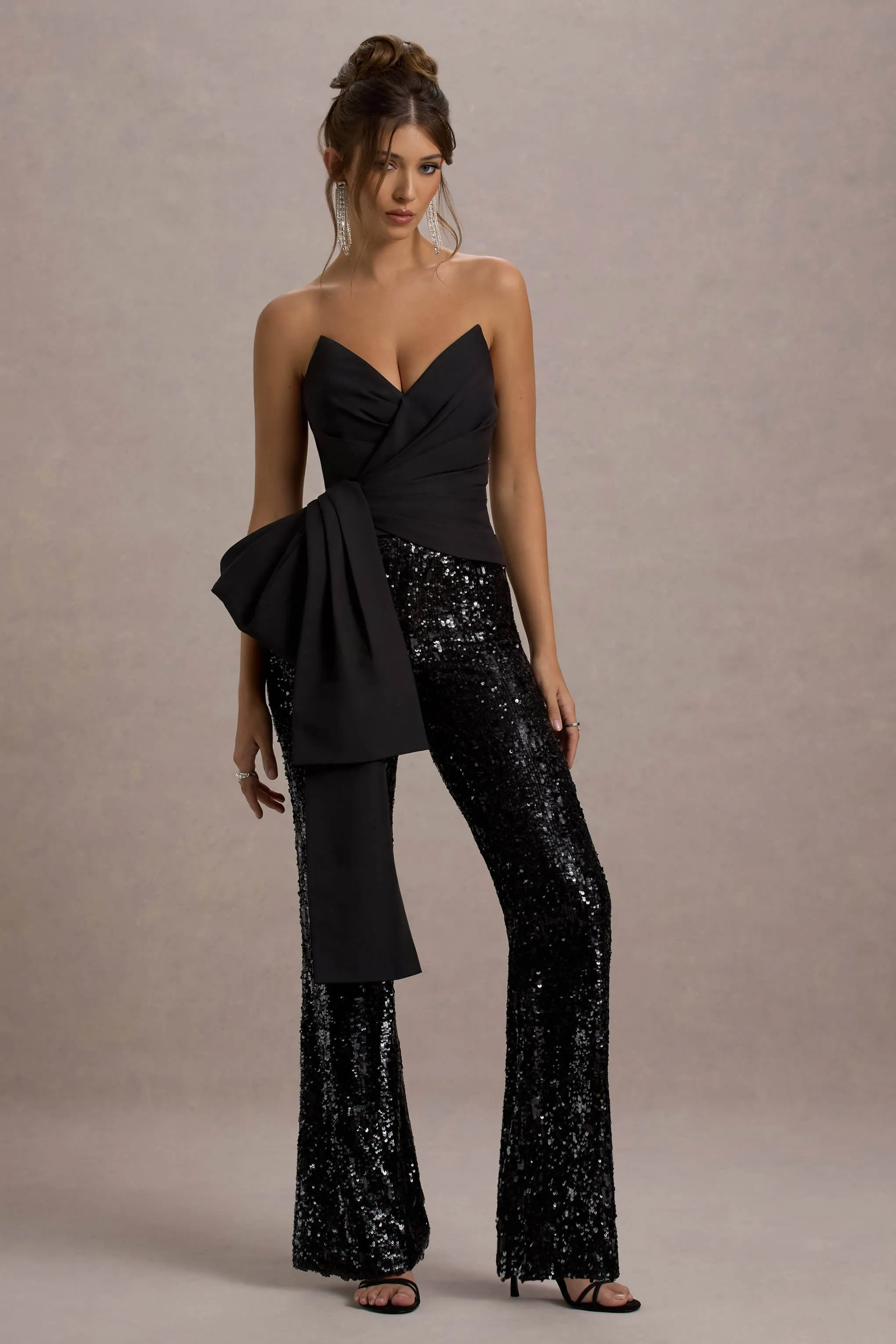 Bianco | Black Sequin Strapless Flared-Leg Jumpsuit With Drape