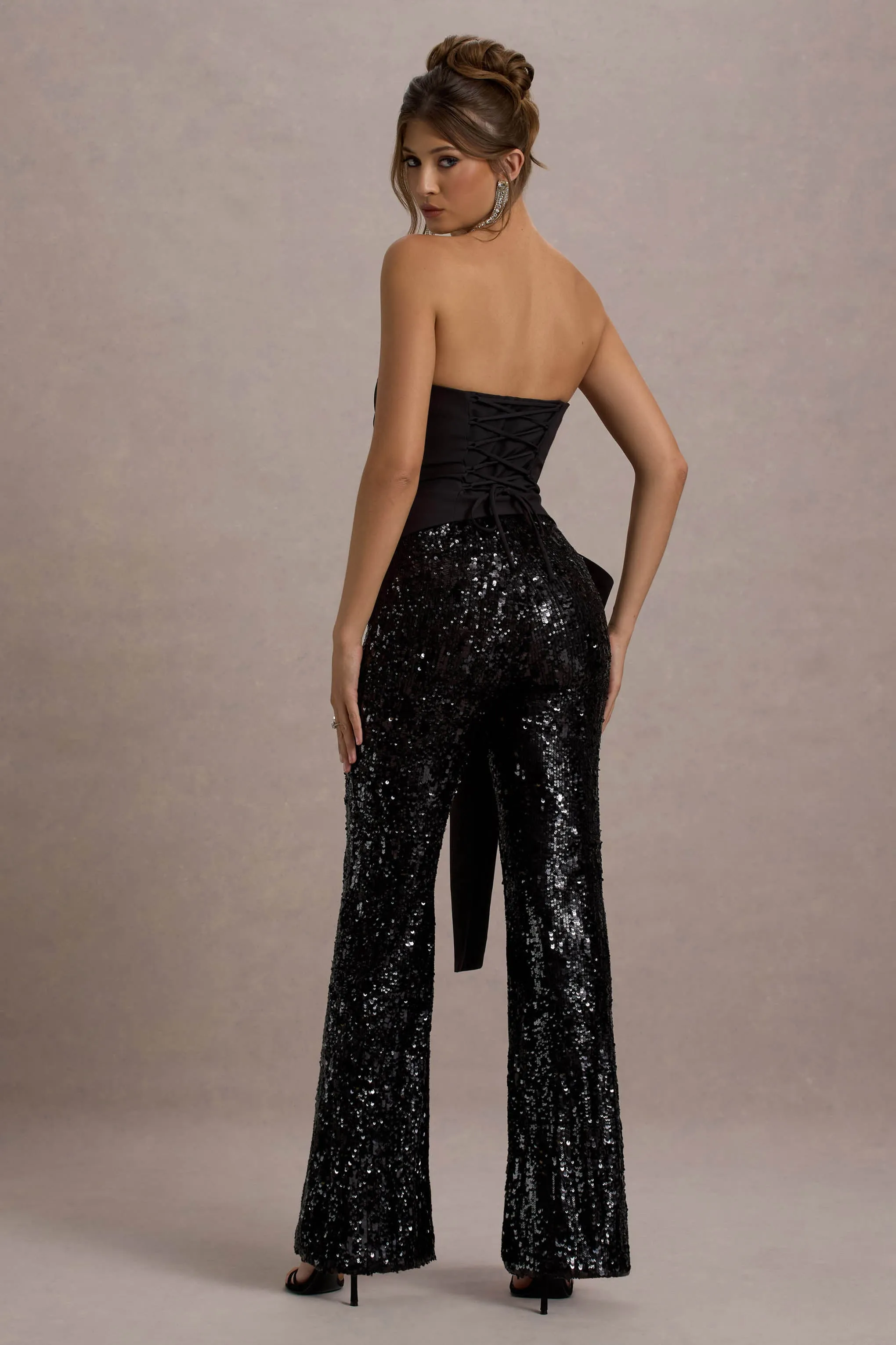 Bianco | Black Sequin Strapless Flared-Leg Jumpsuit With Drape