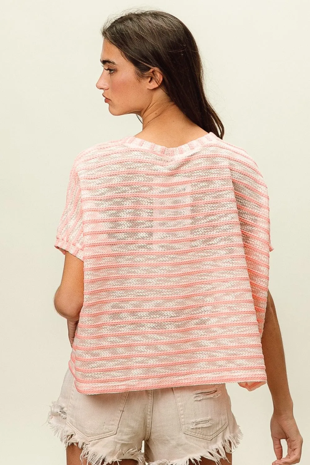 BiBi Braid Striped Short Sleeve Round Neck T-Shirt