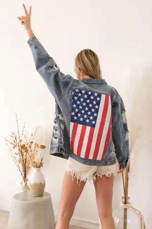 BiBi Distressed Denim American Flag Jacket PREORDER