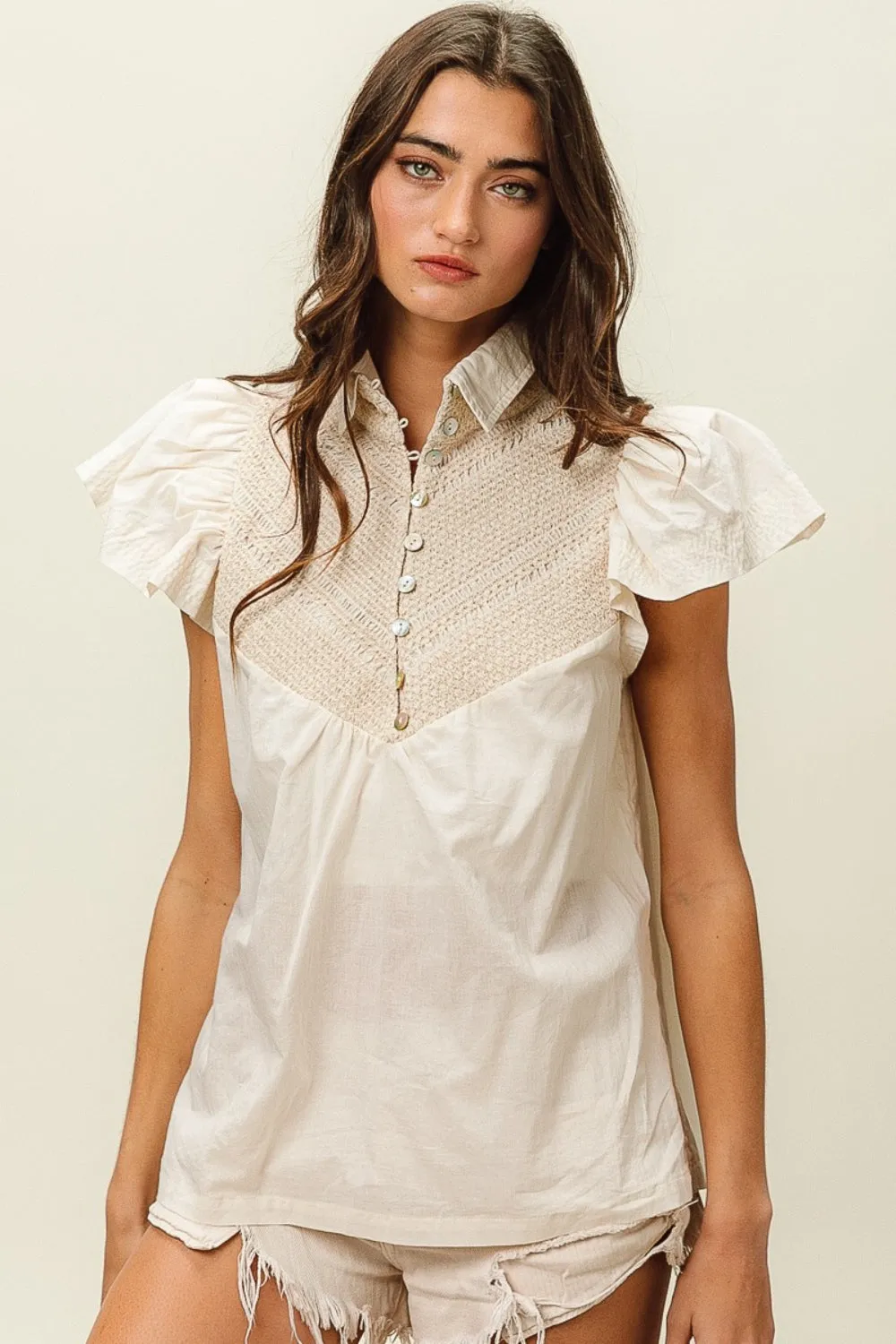 BiBi Half Button Collared Neck Short Sleeve Top