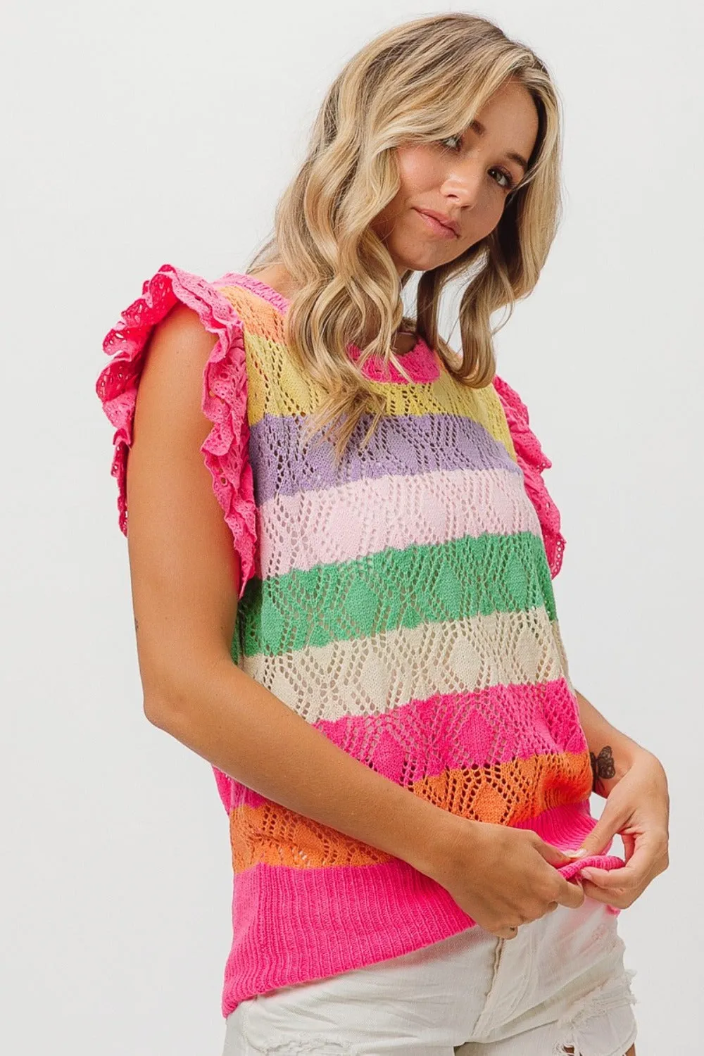 BiBi Pointelle Striped Ruffled Knit Top 2-5 Day Shipping