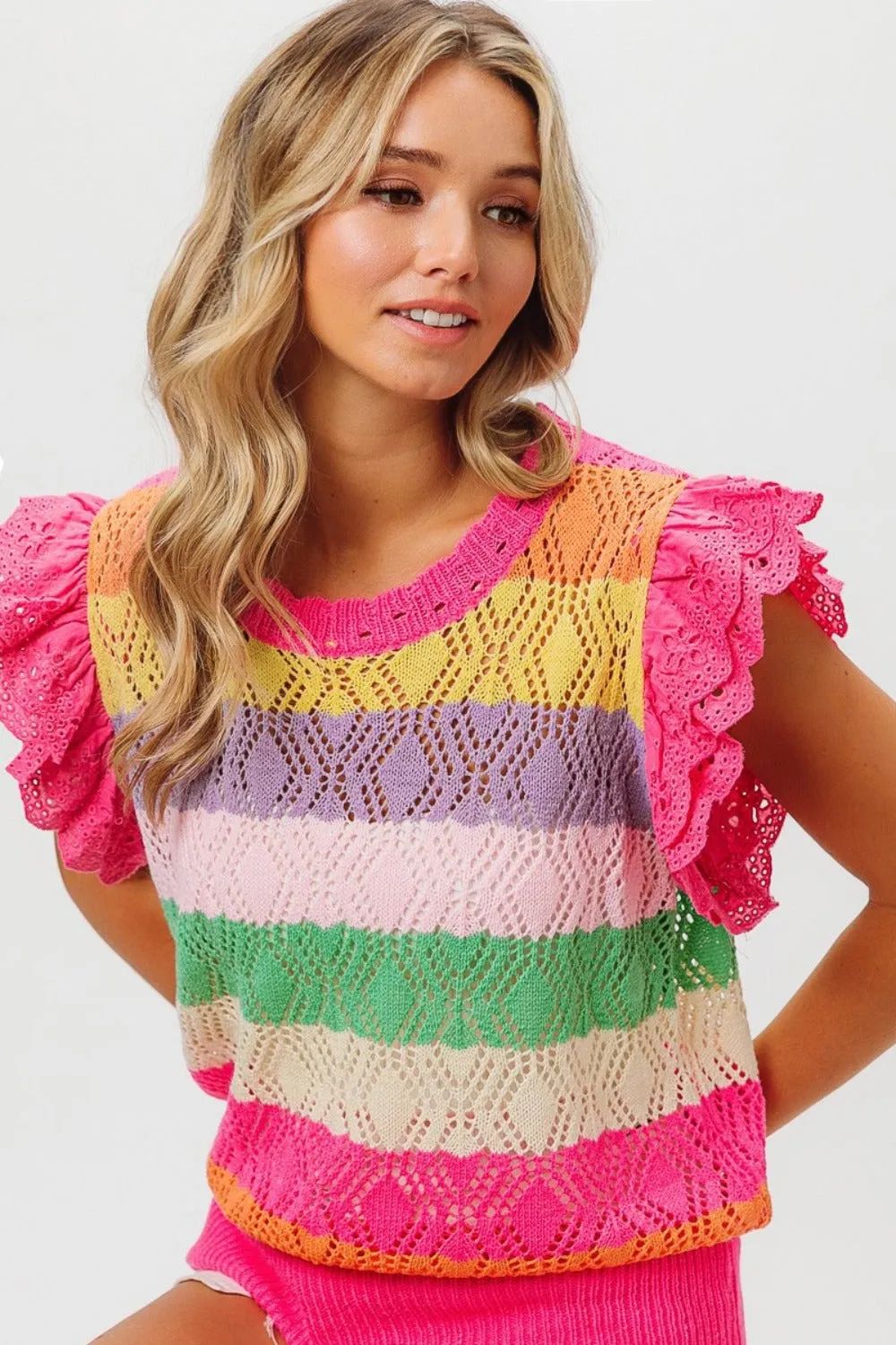 BiBi Pointelle Striped Ruffled Knit Top 2-5 Day Shipping