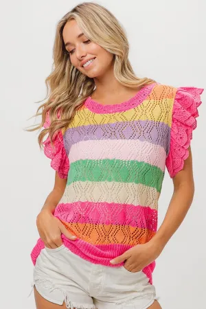 BiBi Pointelle Striped Ruffled Knit Top 2-5 Day Shipping