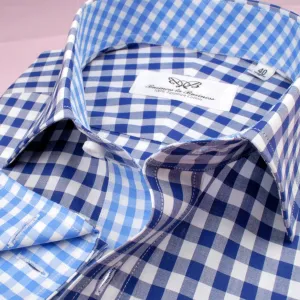 Big Blue Gingham Check Formal Business Dress Shirt Designer Checkered Inner Lining