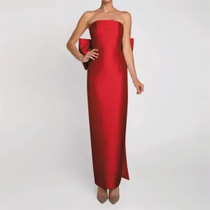 Big Bow Backless Strapless Simple Satin Evening Gown