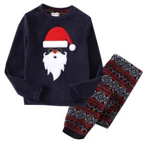 Big Girl Long Sleeve Coral Fleece Christmas Navy/Aop Noel Pajamas Set