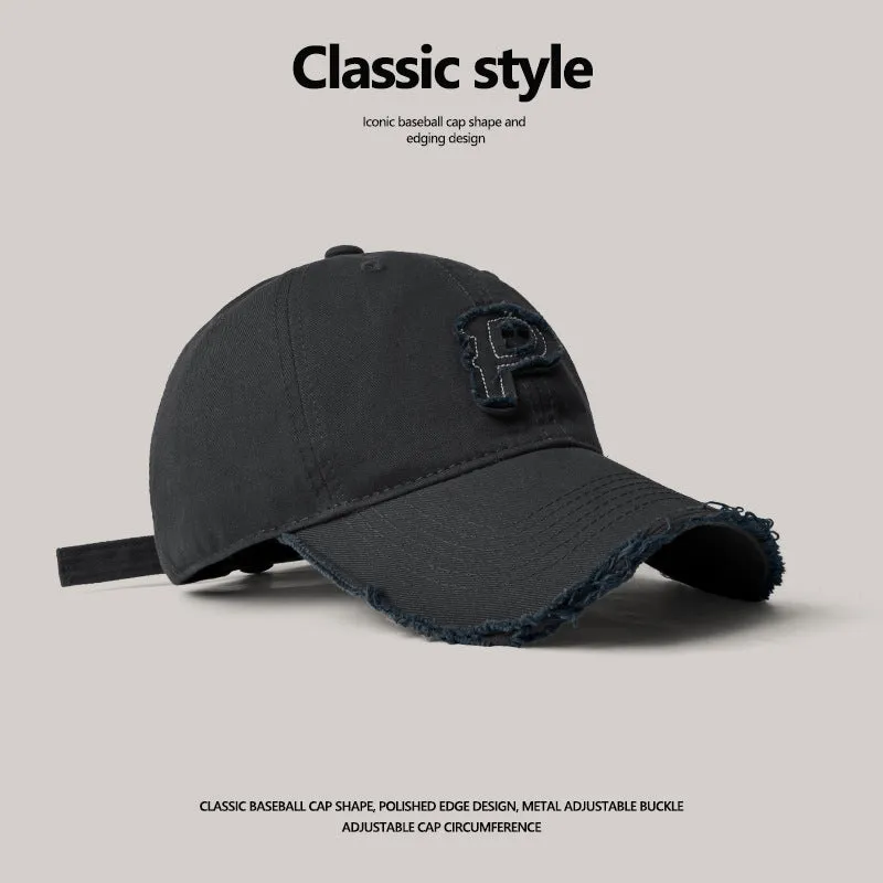 Big head circumference soft top baseball cap men's spring and summer P letter retro cement gray all-match face small hole duck