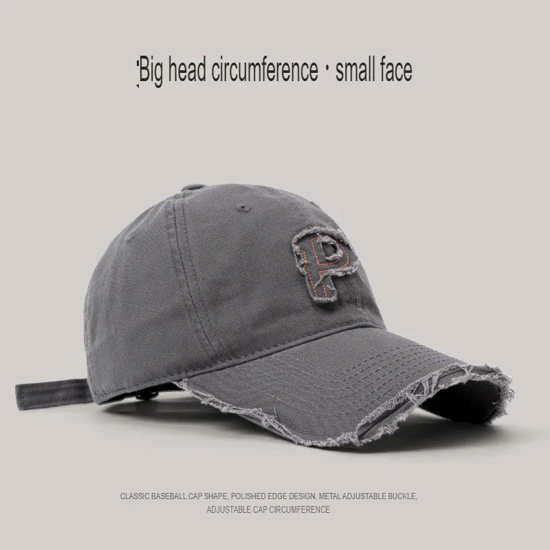 Big head circumference soft top baseball cap men's spring and summer P letter retro cement gray all-match face small hole duck