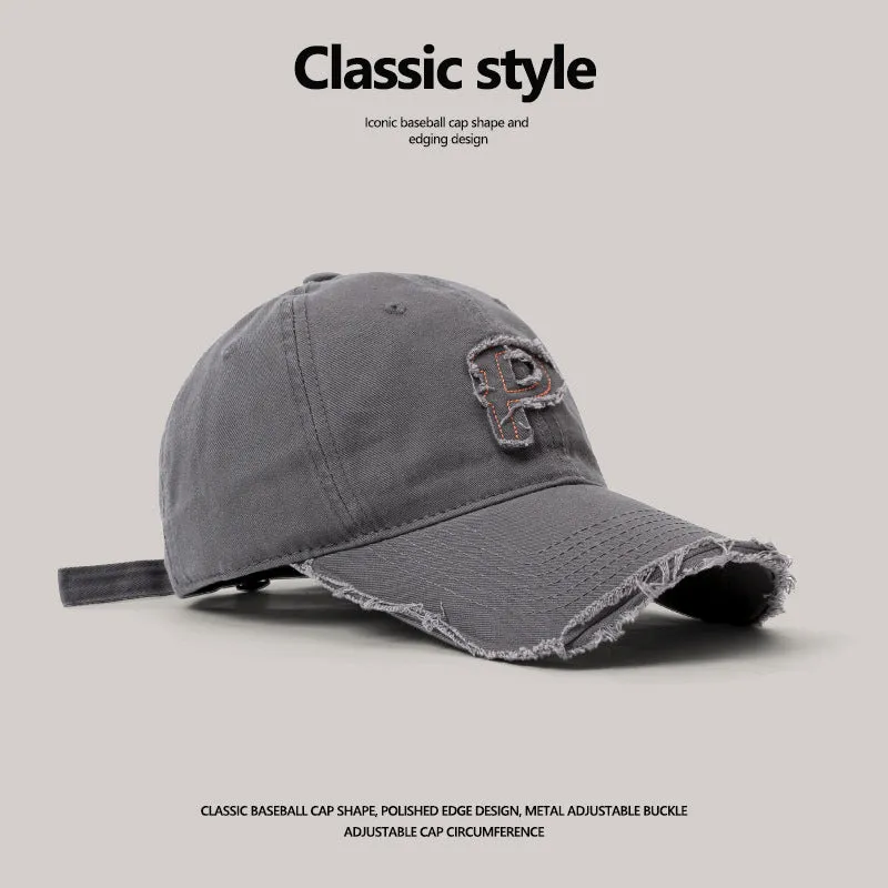 Big head circumference soft top baseball cap men's spring and summer P letter retro cement gray all-match face small hole duck