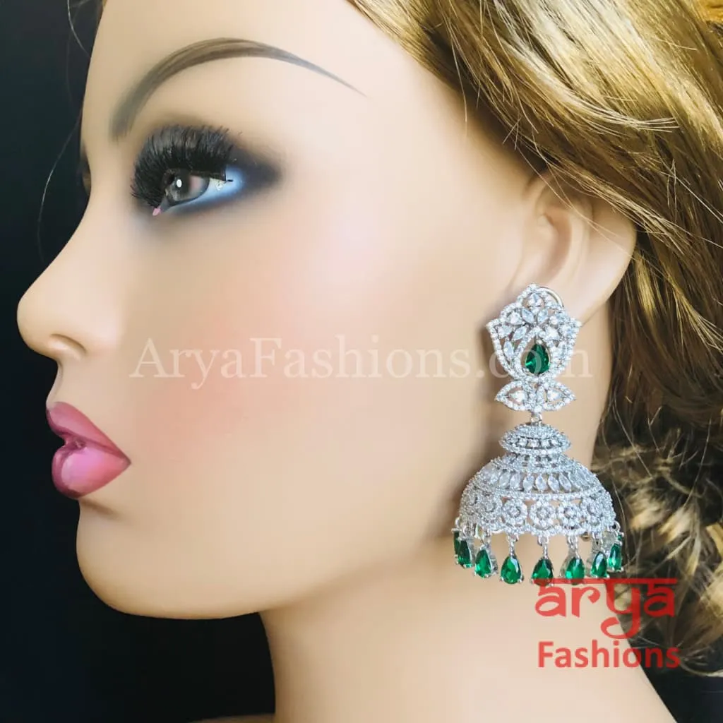 Big Silver CZ Jhumka with Colored stones/ Golden Ruby CZ Jhumka/ CZ Cocktail Earrings