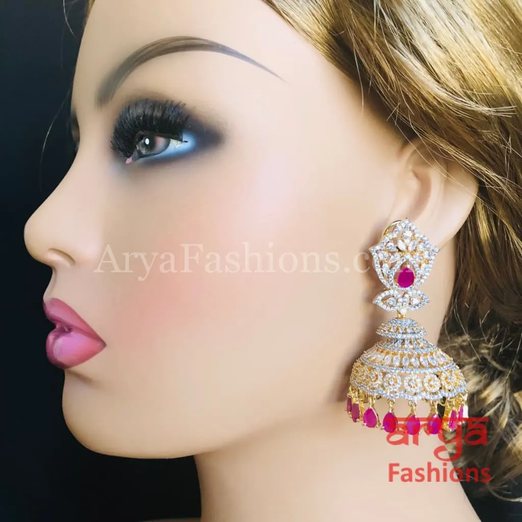 Big Silver CZ Jhumka with Colored stones/ Golden Ruby CZ Jhumka/ CZ Cocktail Earrings