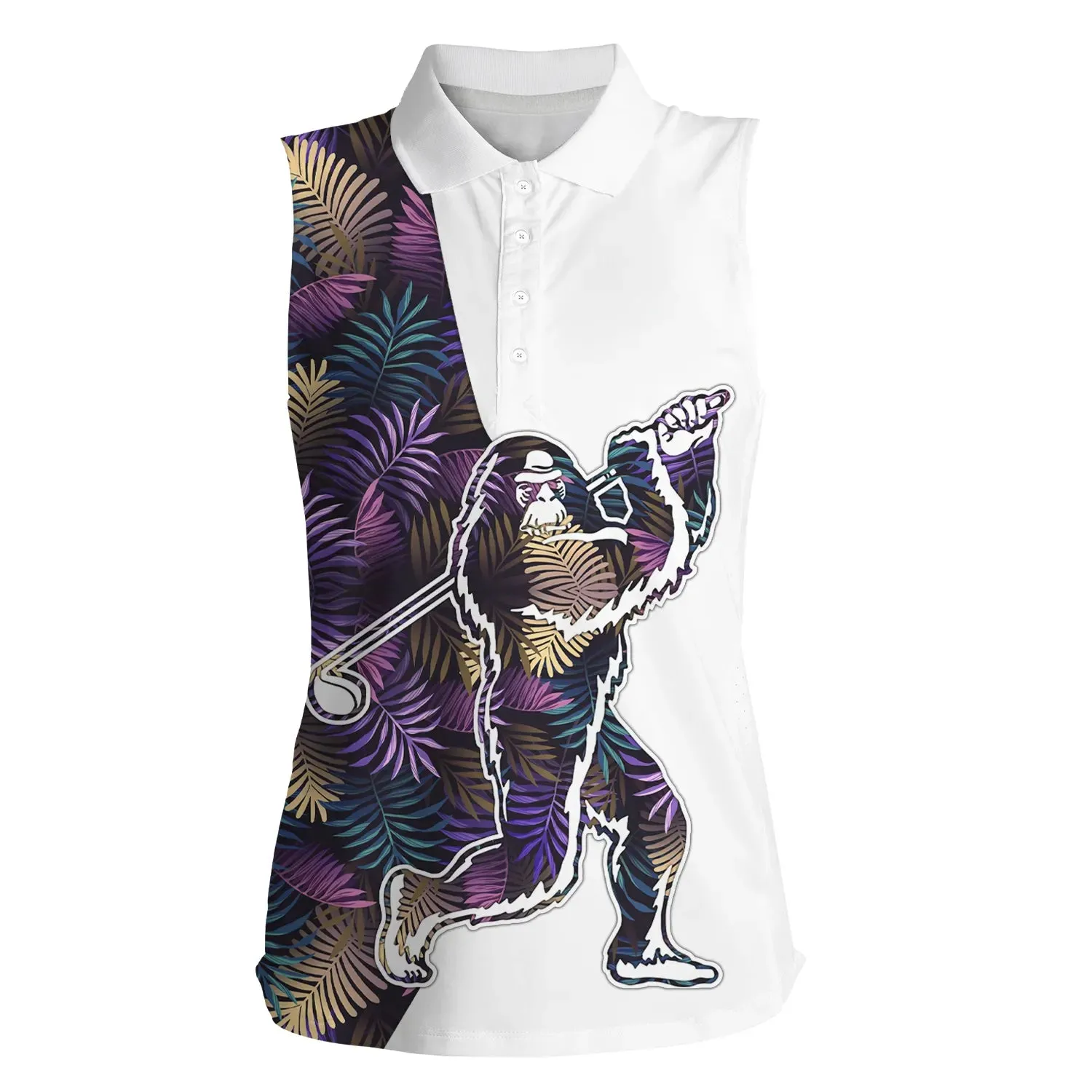 Bigfoot womens sleeveless golf polo shirt colorful tropical flamingo sasquatch playing golf apparel