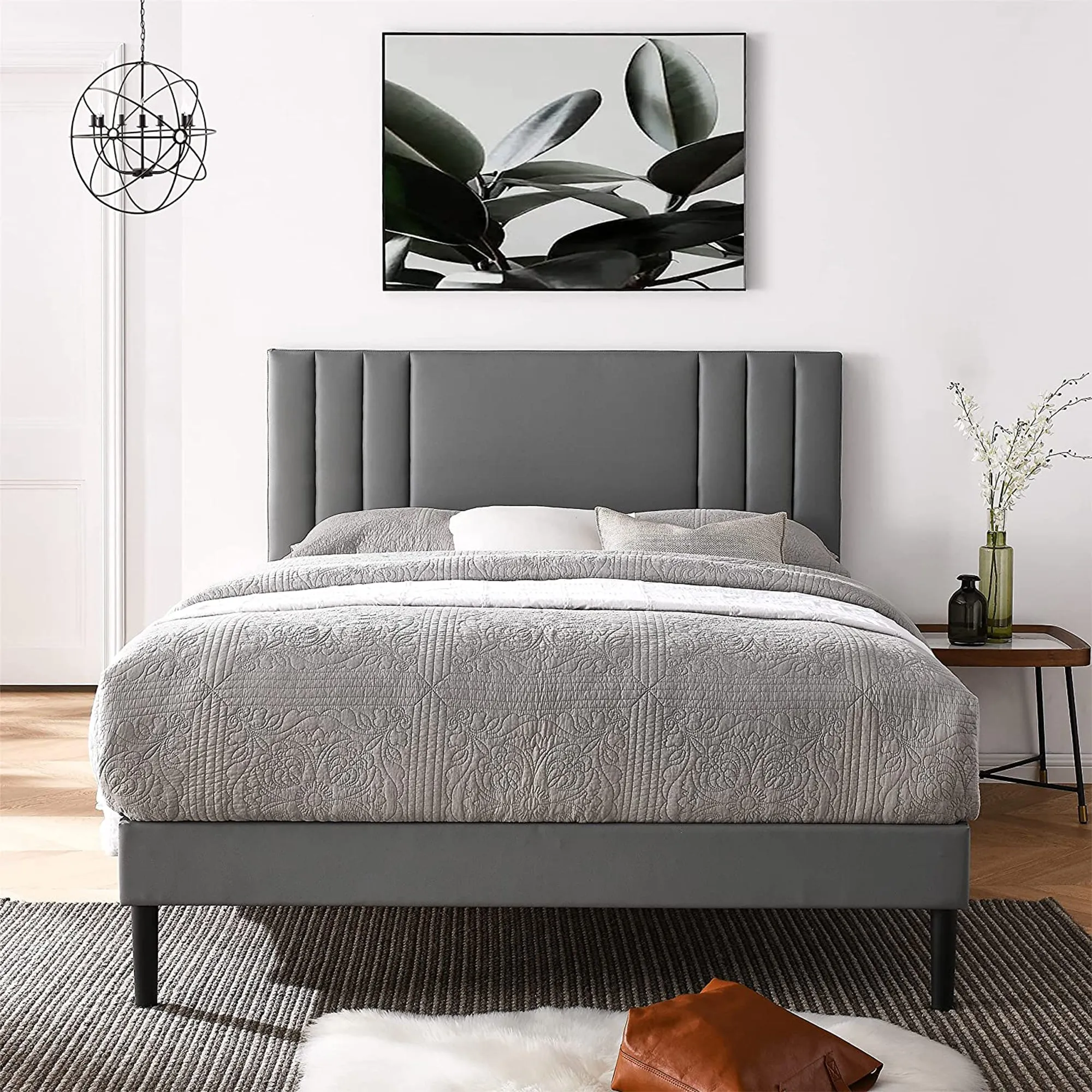 BIKAHOM Upholstered Platform Bed w/Adjustable Headboard, King, Grey (For Parts)