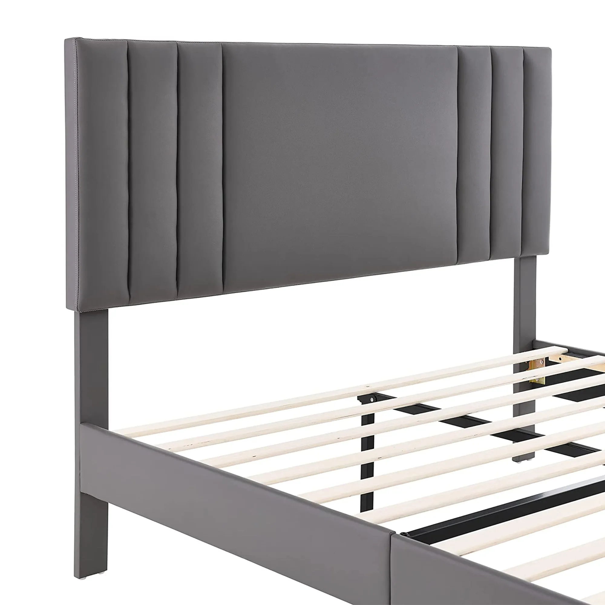 BIKAHOM Upholstered Platform Bed w/Adjustable Headboard, King, Grey (For Parts)